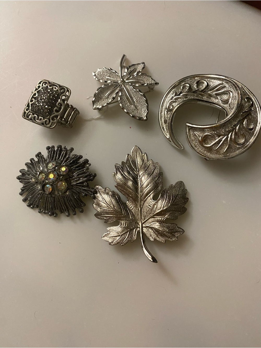 Vintage Silver-Tone Leaf & Floral Brooch Lot - Mixed Metal Pins with Ring